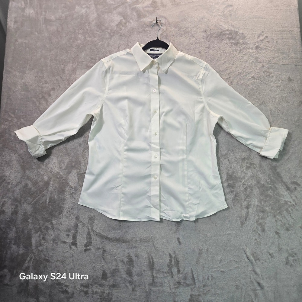 Jones New York Signature White Cotton Easy Care 3/4 Sleeve Button Down Shirt L